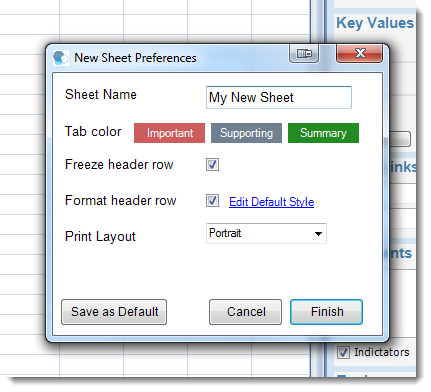 New sheet preferences prompt for Microsoft Excel