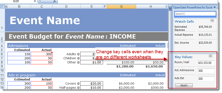 Key Values changed in the Excel PowerPane