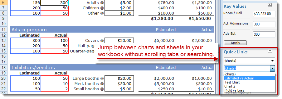 Navigate quickly between sheets and charts in Excel